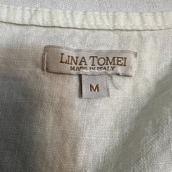 Lina Tomei Shift Dress M Italy Made Linen Colorblock White Gray Short Sleeve - Picture 4 of 10